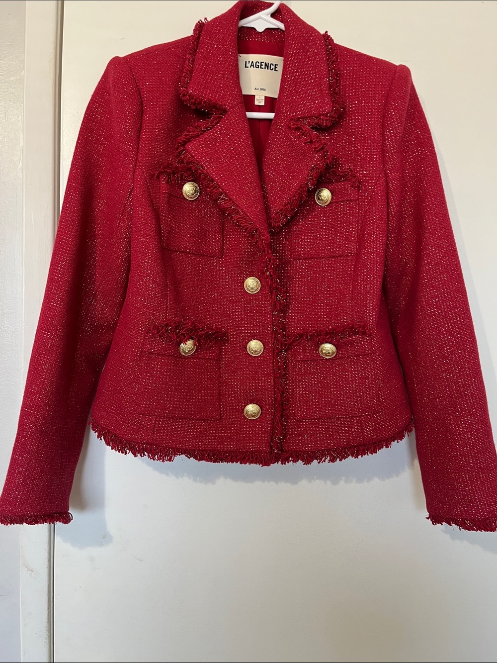 L'AGENCE Red Tweed Fringed Metallic Blazer Size 0